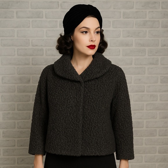 Vintage‎ 50s Sistoveris of Greece Black Persian Lamb Fur Jacket Boxy Short Coat